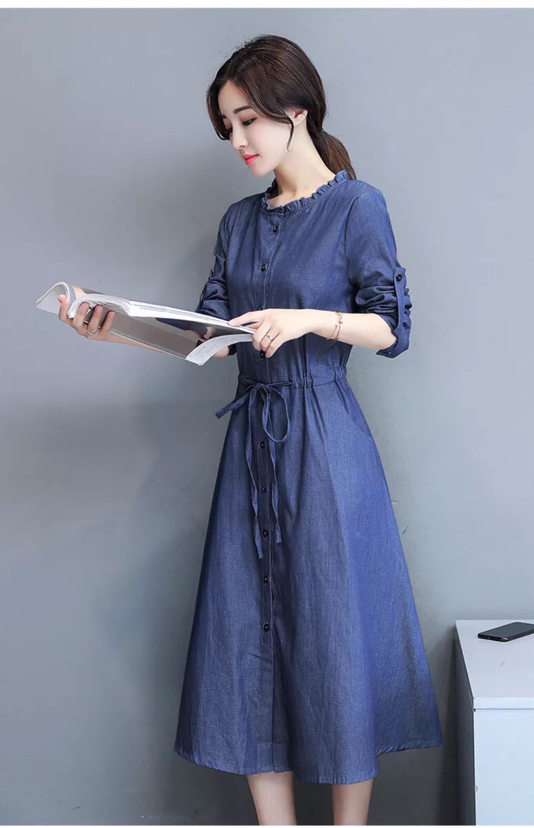 ĐẦM JEAN XÒE TAY DÀI CỔ BÈO TRÒN